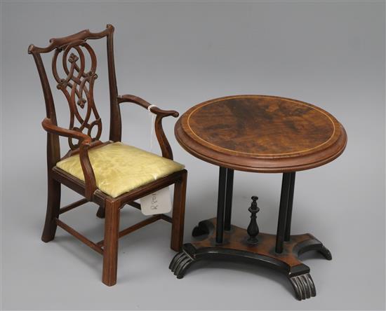 A miniature Chippendale style armchair and a miniature centre table tallest 36cm